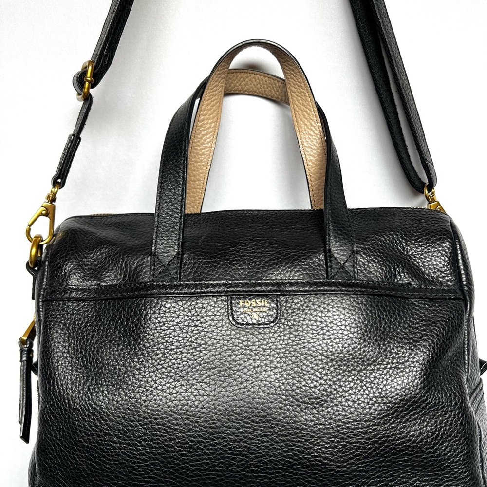 Fossil Black Pebbled Leather Satchel Bag Crossbody Top Handle Bowler Purse - Picture 2 of 13